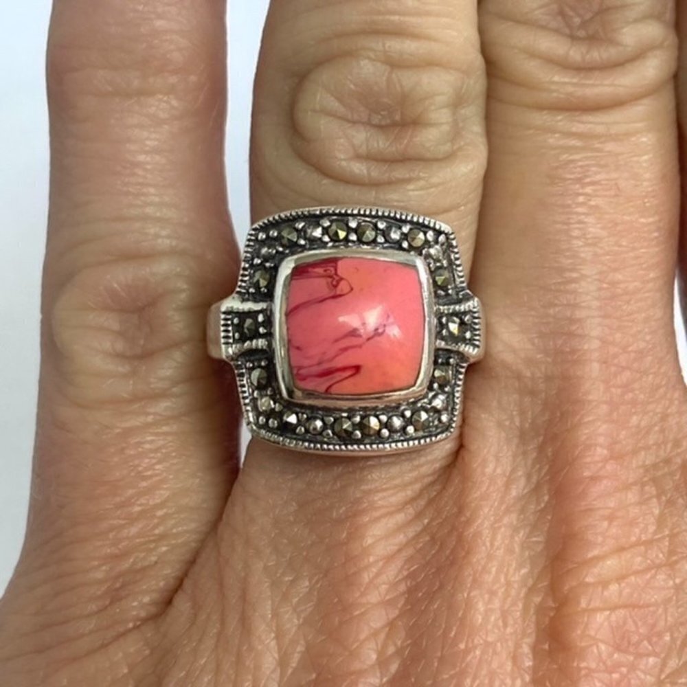 Sterling Silver 925 Square Pink Swirl Enamel Marcasite Halo Ring Sz 6.75 6g